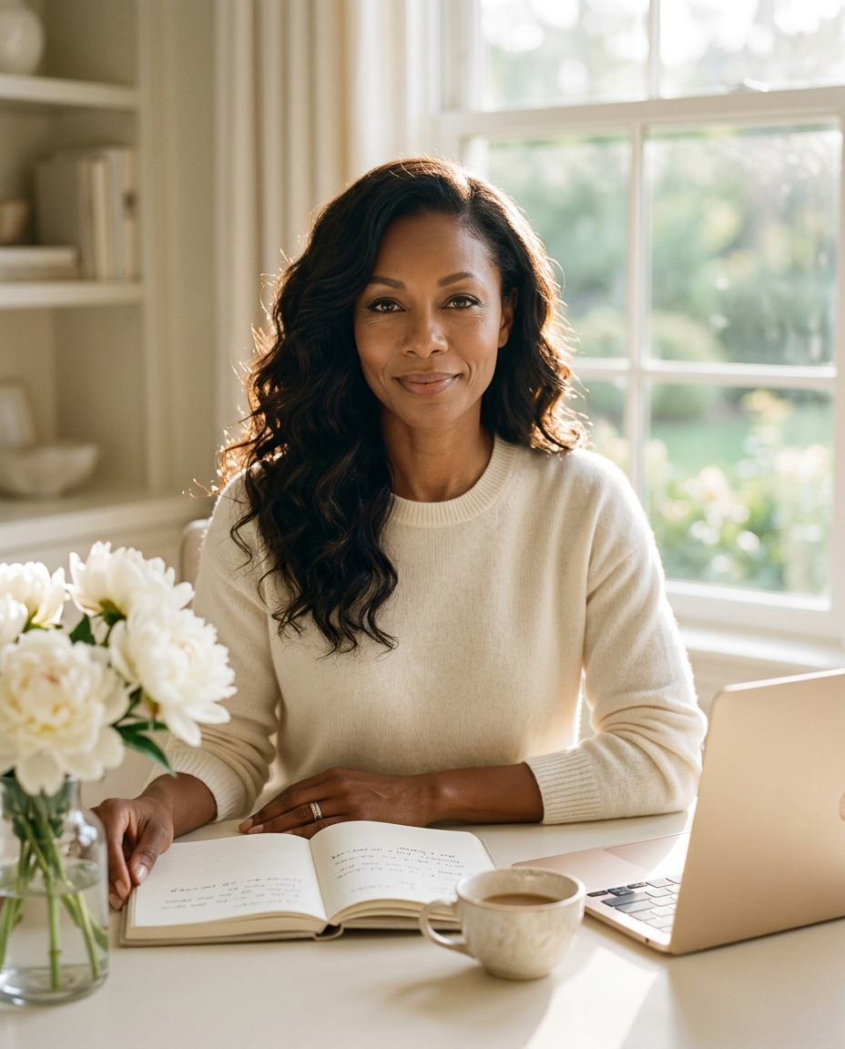 A calm, confident woman writing in her journal at a sunlit home desk